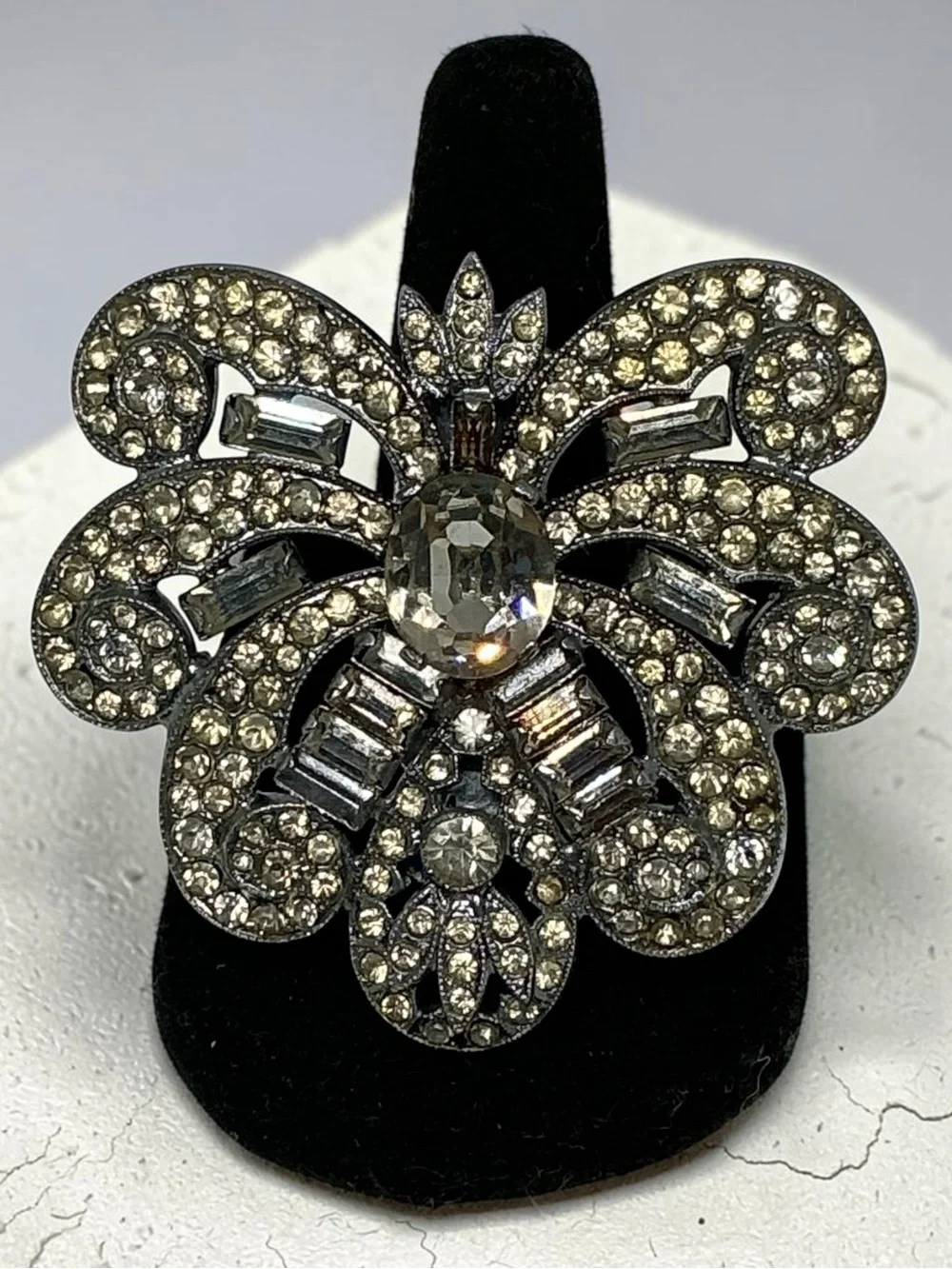 Vintage Art Deco Czech Signed Dress Clip Silver Tone Pot Metal Paste Rhinestones